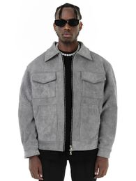 Jaquetas masculinas vintage high street camurça material crock jaqueta com zíper lapela casual curto para homens 231110