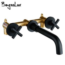 Bathroom Sink Faucets Taps Top Fashion Arrival Wall Basin Mixer Tap Set Spout Faucet With Double Lever In Matt Black/Polished Gold 230410