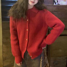 Women's Knits Red Polo Neck Cardigan Women Autumn Winter Loose Knitted Sweater Vintage Love Buttons Long Sleeve Jumper Christmas Year O422