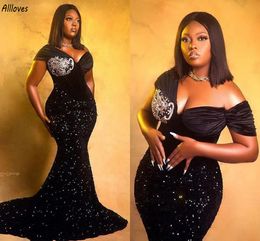 Arabic Aso Ebi Glittering Black Sequined Evening Dresses Off The Shoulder Plus Size Formal Party Gowns Slim Fitted Long Mermaid Special Occasion Prom Dress CL2912