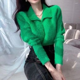 Women's Sweaters 2023 Fluffy Pullover Sweater Women Korean Turn-Down Collar Long Sleeve Jumpers Ladies Sweet Fashion Thicken Warm Knitted