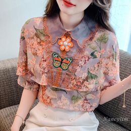 Women's Blouses 2023 Summer Short-Sleeved Floral Print Chiffon Shirts And Women's Clothing Lace Stitching Tops Cape Style Blusas