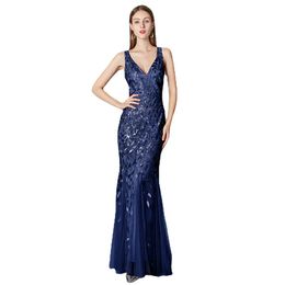 Silver Gray Elegant Fashion Evening Dresses Sexy Simple V Collar Open Back Sleeveless Embroidered Beads Fishtail Prom dress Gown