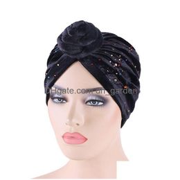 Beanie/Skull Caps New Women Veet Turban African Drill Knot Headwrap Warm Bandana Hats Ladies Chemo Cap Bandanas Hair Accesso Dhgarden Dhqmz