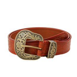 Women Vintage Western Waist Belt with Engraved Alloy Bronze Buckle PU Leather Waistband for Jeans Dress