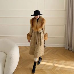 Women s Down Parkas 2023 Winter Women Wool Blends Long Coat Real Red Fur Collar Cuffs Thick Warm Jacket Tweed Plaid Luxury Female 231110