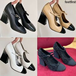 Luxury Mary Jane Heels Women's pumps Shoes Designer Sandals Fashion Leather Dress shoes Chunky Heel Splicing Black White Khaki Evening party Size 35-41 heels