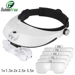 Magnifying Glasses Repair Tool Magnifying Glass With Led Lights 1X 1.5X 2X 2.5X 3.5X 2LED Head-Mounted Illuminating Magnifier Glasses Loupe 230410