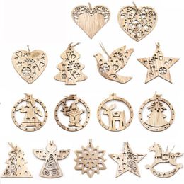 Christmas Decorations 15pcs/set DIY Pendant Wood Hanging Pendants Snowman Tree Star Sahpe Crafts Party Decor Random