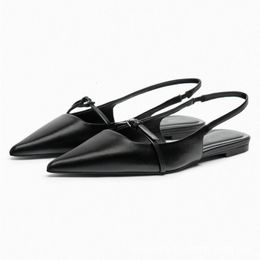 Sandal s Slingback Flat Bottom Summer Black Leather Pointed End Woman Ballet Shoes ZAZA 2023 Fashion Low heel Beach 230410