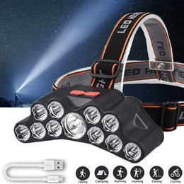 Head lamps 11LED Headlamp Strong Light Head-Mounted Flashlight USB Rechargeable Outdoor Portable Hiking Camping Night Fishing Headlight P230411