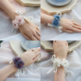 Decorative Flowers Fashion Wrist Corsage Bridesmaid Sisters Handmade Flower Artificial Silk Bracelet For Wedding Dancing Party Decor