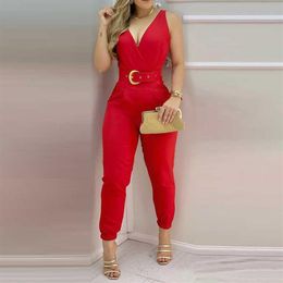 Women Fashion Elegant Sleeveless Partywear Jumpsuits Formal Office Lady WorkWear Casual V Neck Belted Jumpsuit 210716192Q