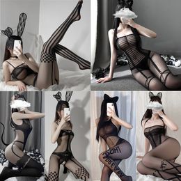 Sexy Set Black Patchwork Full Body Stockings Women Open Crotch Catsuit Bodysuit Temptation Transparent Nightwear Cosplay Costumes 230411