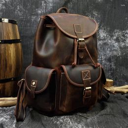 Backpack European Retro Men's Bags Casual Backpacks Large Capacity Genuine Leather Student Schoolbag Travel Bolsa 3A