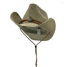 Berets Summer Braided Cowboy Hat With Beaded Hatband Straw Cap Kallaite Western Cowgirl Sombrero Outdoor Unisex Boho Jazz Beach Sunhat