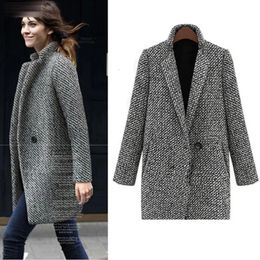 Women's Wool Blends Woman Coats Winter Women Casual Long Sleeve Houndstooth Button Coat Gray Autumn Outerwear 231110