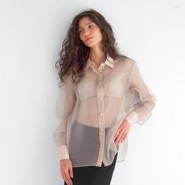 Women's Blouses 2023 Summer Fashion Transparent Women Mesh Tops Sexy Thin Oversize Sunwear Chic Lapel Lady Button Long Sleeve Shirts