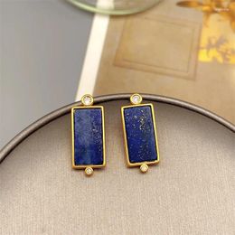 Stud Earrings European And American Retro Geometric Shape Inlaid Lapis For Women Personality Fashion Jewelry Wholesale