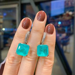 Stud 925 Silver Princess Cut Paraiba Tourmaline Lab Emerald Drop Earrings Womens Vintage Charm Wedding Party Dangler Luxury Jewelry 230410