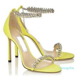 Elegant Summer Sandal Dress Shoes Women's Crystal Strappy High Heels Party Wedding Bridal Fashion Brands Lady Pumps Black Grey Yellow