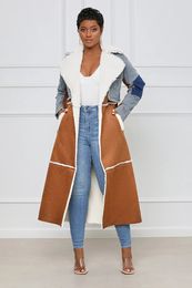 Womens Wool Blends Jackets Winter Turndown Collar Temperament Patchwork Denim Lace Up Waist Long Sleeve Overcoat Woolen Coat Female 231110