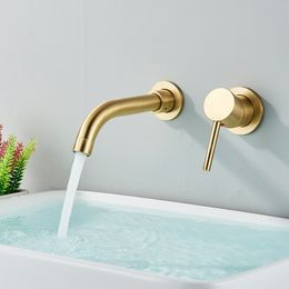 Bathroom Sink Faucets Quyanre Brushed Gold Basin Concealed Wall Mounted Tap 360 Rotation Single Handle Cold Water Bath Mixer 230410