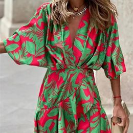 Casual Dresses Spring Irregular Mini Womens Fashion Printing Bohemian Style Vacation Sun Bat Sleeve Ruffled 230410