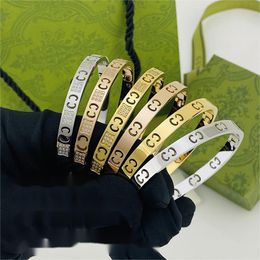 Luxury 18K Gold bracelet women bangle stainless steel double G letter charm bracelets with diamond designer jewelry buckle bangles 17cm party gift