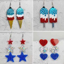 Dangle Chandelier American Independence Day Flag Color Earrings Shiny USA Letter Ice Cream Red White Blue Star Pattern Earrings Jewelry Wholesale Z0411