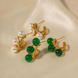 Hoop Earrings DEAR-LIFE Fashion Vintage Hammered Inlaid Green Onyx/pearl Light Luxury Women's Accessories