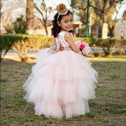 Girl Dresses Flower For Wedding Beading Lace Applique Princess Kids High Low Tiered Evening Party First Communion Baby Ball Gown