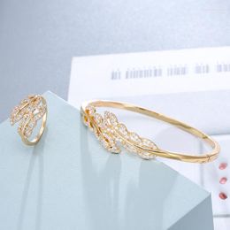 Necklace Earrings Set Female Punk Leaf-Shaped Hollowed-out 2PCS Botanical Bracelet Ring Zircon Party Favours Jewellery