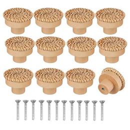 Handles Pulls 612Pcs Rattan Knobs Boho Round Wooden Wardrobes Dresser Cabinet Drawer Knob Handmade Wicker Woven Furniture With Screws 230410