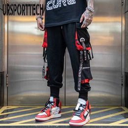 Men's Pants Hip Hop Joggers Men Letter Ribbons Cargo Pants Pockets Track Tactical Casual Techwear Male Trousers Sweatpants Sport Streetwear W0414