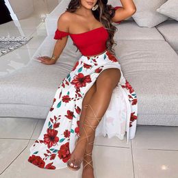 Two Piece Dress Slash Neck Womens Two Piece Sexy Shoulder Top and Sewing Summer Long Party Dress Set Spring Flower Print Dress Set 230410