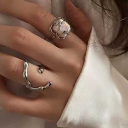 Band Rings LATS Silver Colour Creative Irregular Floral Pearl Rings Set for Women Geometric Metal Wave Opening Ring 2022 Fashion Jewerly P230411