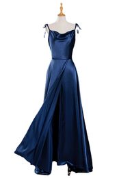 Women's Adjustable Spaghetti Straps Slit Satin Prom Dress Long Navy Blue Cowl Neck Formal Evening Ball Gowns With Pockets