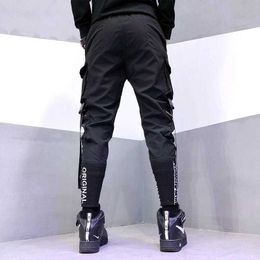 Men's Pants Hip Hop Men Ribbons Cargo Pants Fashion Harajuku 2023 New Elastic Waist Casual Streetwear Mens Joggers Trousers Black W0414