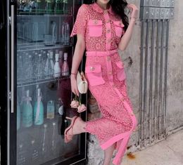 Two Piece Dress 2023 SS Sexy Hollow Out Floral Women Lace Pieces Sets Lapel Tops with Short Sling Lining Skirt Belt 230410