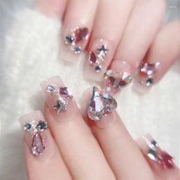 False Nails Pink Heart Rhinestone Nail Tips For Bride Wearable Fake Patch Mid Length Shiny Crystal Press On