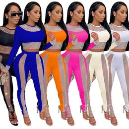 Women's Two Piece Pants Sequined Mesh Parchwork Set Woman Long Sleeve Crop Top And Pencil Street 2023 Autumn Sxey Female Clothing