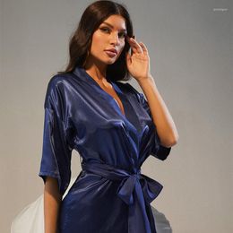 Women's Sleepwear Ice Silk Nightgown Satin Women Robe V Neck Negligee Loose Short Nightwear Casual Loungewear Bridal Wedding Kimono