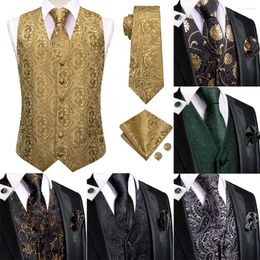 Men's Vests Hi-Tie Silk Mens Vest Tie Designer Brown Floral Dress Sleeveless Jacket 4PC Hanky Cufflink Paisley Suit Waistcoat Wedding Formal