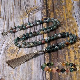 Pendant Necklaces 8mm Indian Agate Knot Necklace Bracelet 108 Mala Beads Set Meditation Prayer Yoga Japamala Jewellery for Men and Women 231110