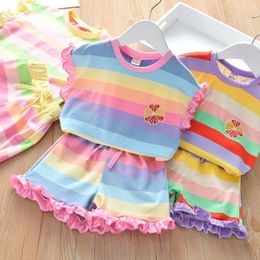 Clothing Sets Summer Fashion Striped Rainbow Fungus Edge T shirt Shorts Two piece Set Kids Clothes Girls 230411