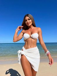 Women's Swimwear 2023 Sexy Pink 3 Piece Bikini Set Women Solid Black Bandeau Ring Linked Push Up Cover Swimsuit Bathing Suit Skirt 230411