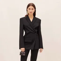 Women's Suits 2023 Autumn Black Wool Double-breasted Casual Blazer Jacket With Shoulder Pads For Women