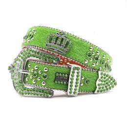 Women's Imperial Crown Shaped Rhinestone Green Fur Belt Horse Hair Belt