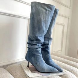 Boots for Women Pleated High Heels Denim 2023 Autumn Jeans Knee Cowboy Blue Thin Heeled Long Botas Feminina Combat Gothic Modern 231110